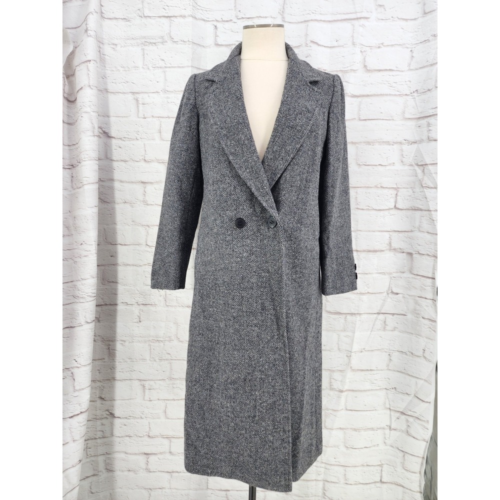 Vintage Herringbone Wool Long Pea Coat Overcoat Double Breasted Petite Small